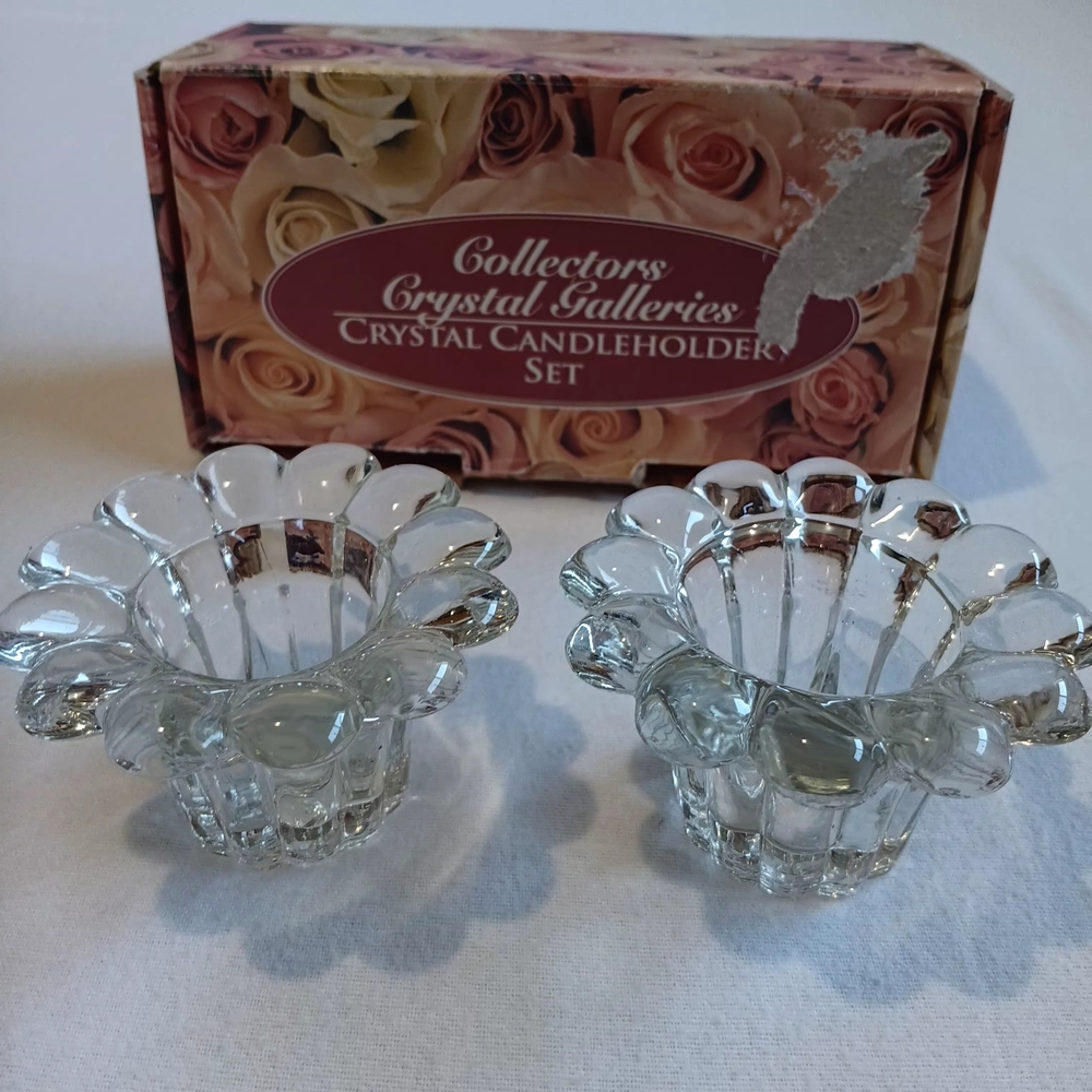 Elegant 2pc Clear Vintage Collectors Crystal Galleries Candleholder Set Holiday